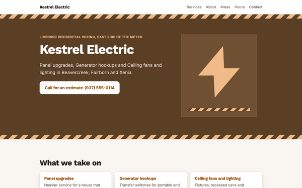 A Starter site for a made-up Beavercreek electrician: a full-bleed hazard-striped band, the business name large, and the call button beside it.