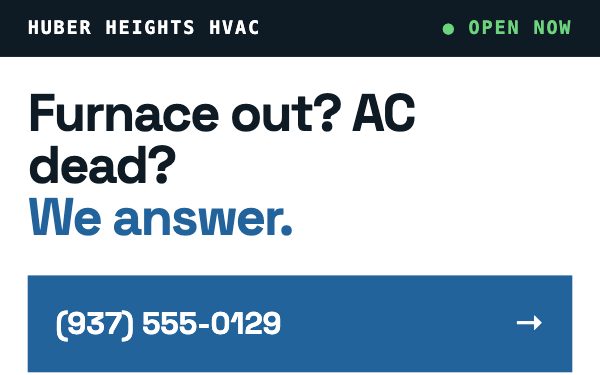 The Dispatch Board — an HVAC site that leads with open-now status and hours.